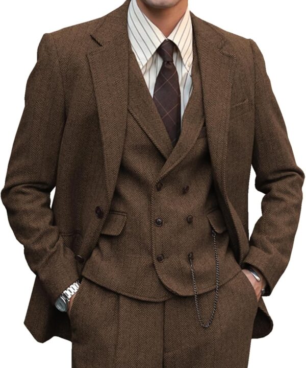 Mens Formal Tweed Wool 3 Piece Wedding Slim Fit Suit Prom Tuxedos Groomsmen
