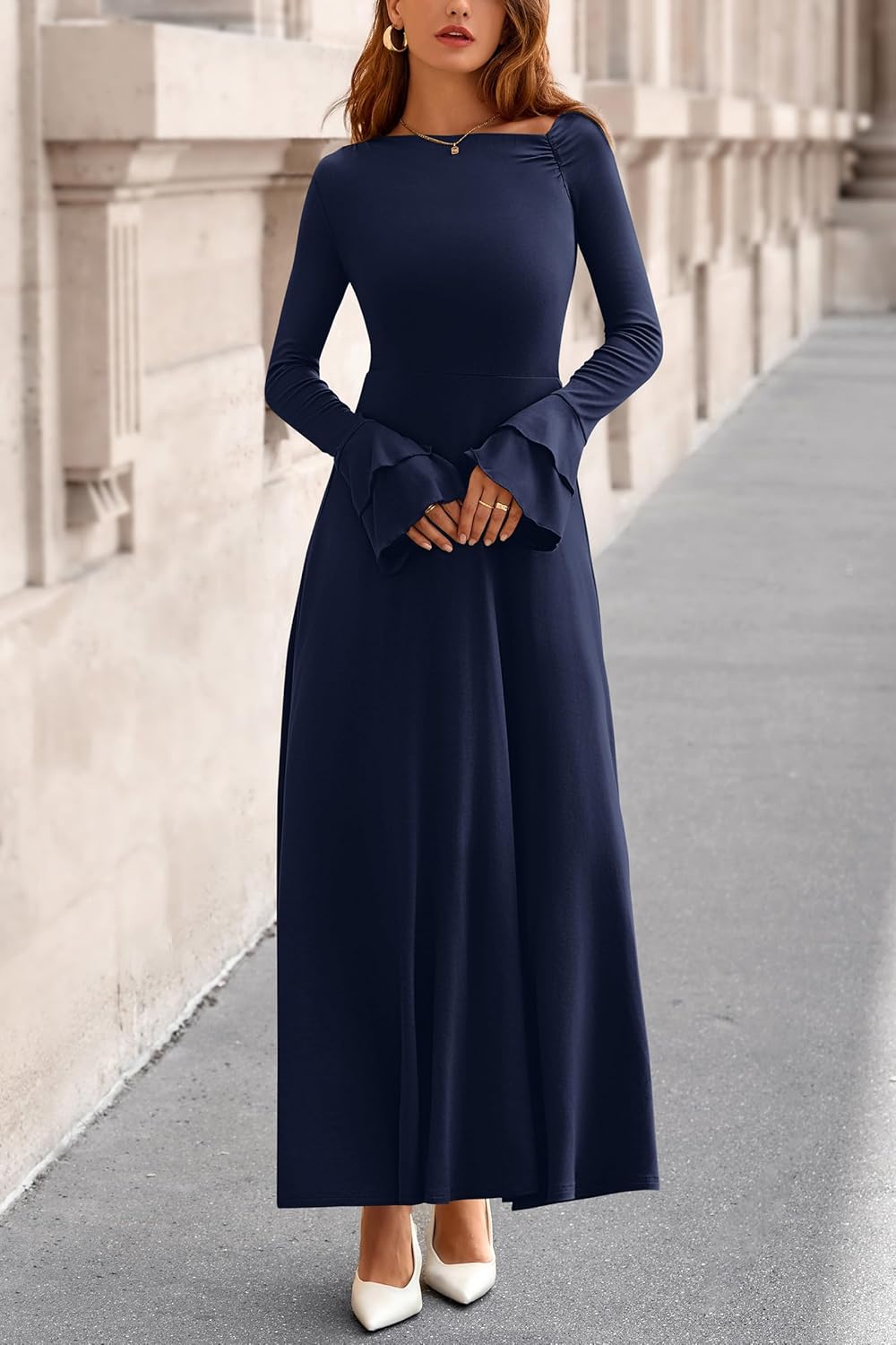 PRETTYGARDEN Womens Dresses Formal Off The Shoulder Long Sleeve Ruched Knit A-Line Maxi Wedding Guest Dress Fall Clothes