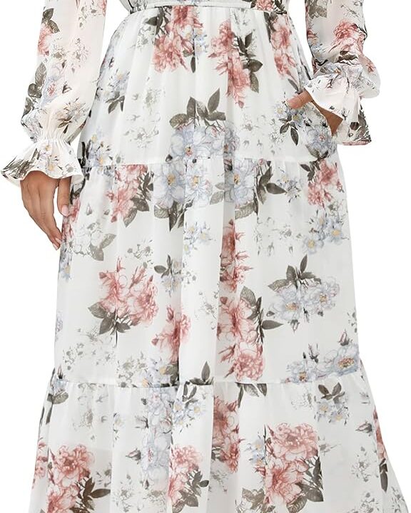 ANRABESS Womens Fall Vacation Guest Dress 2025 Long Sleeve Mock Neck Mesh Floral Boho Flowy Casual Tea Party Midi Dresses