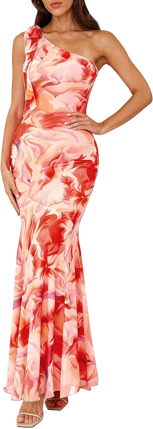 PRETTYGARDEN Womens Summer One Shoulder Maxi Dress 2026 Floral Sleeveless Bodycon Mesh Long Formal Wedding Guest Dresses
