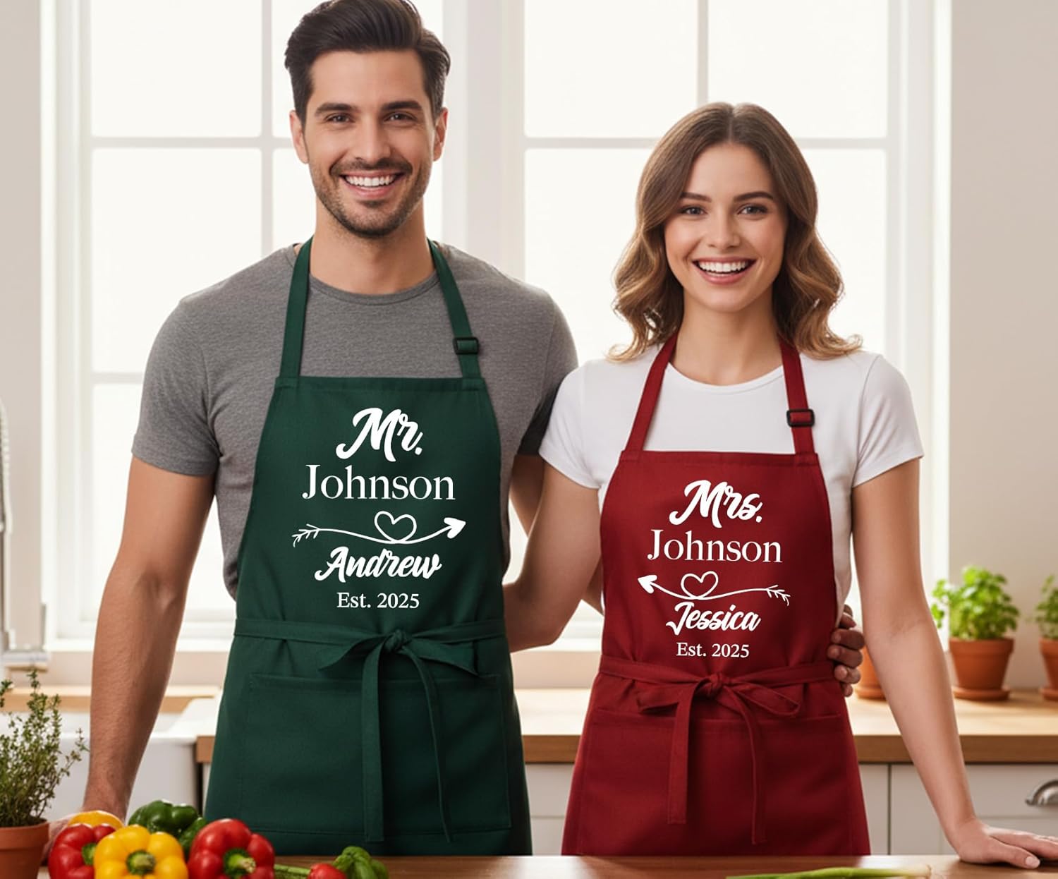 Mr and Mrs Aprons for Couples, Couple Gift for Christmas, Anniversary, Birthday, Valentines Day and Bridal Shower, Custom Wedding Gifts for Couples, Kitchen Cooking Chef Aprons and Chef Hats with Name