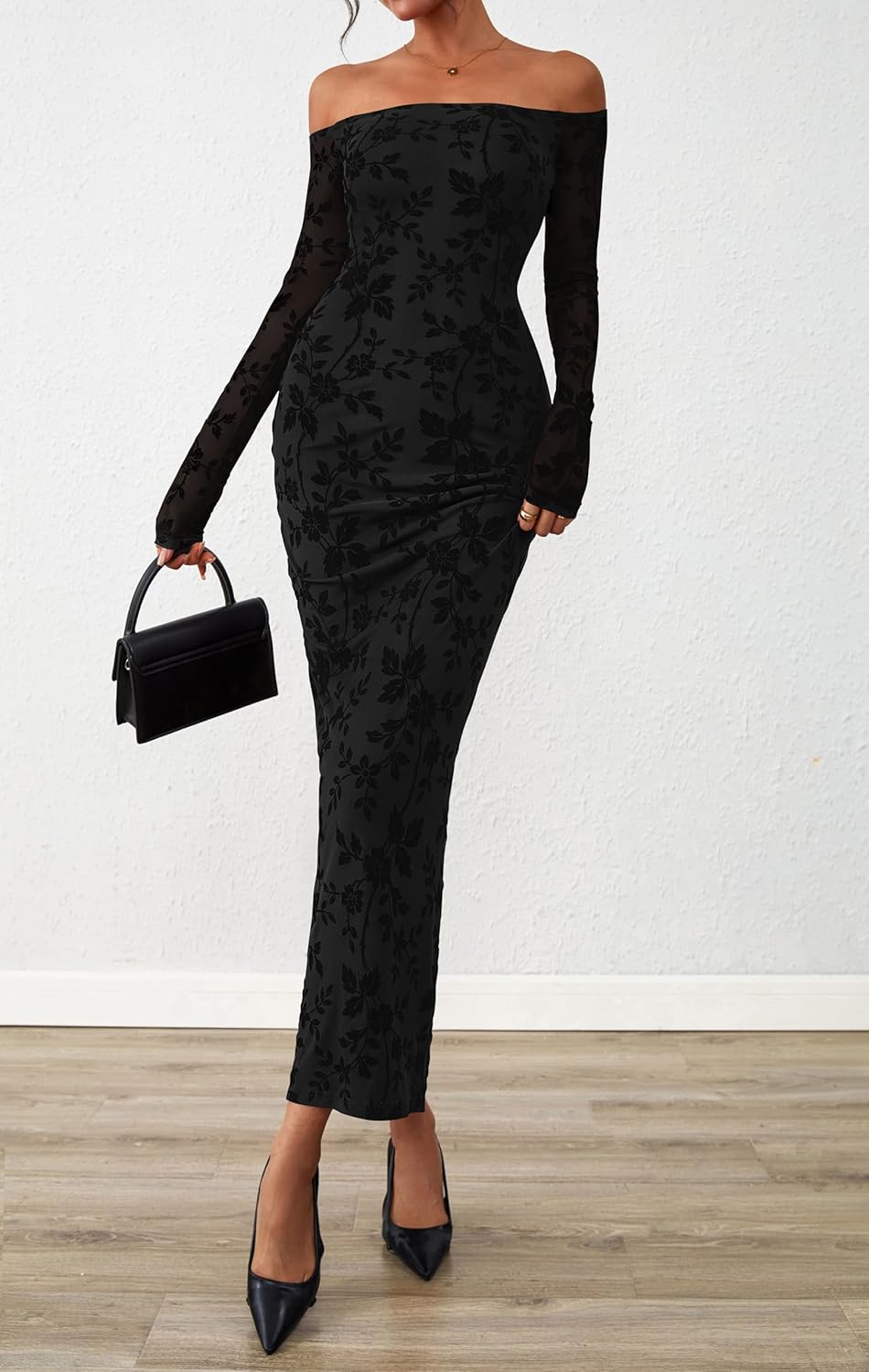 PRETTYGARDEN Womens Off The Shoulder Floral Maxi Bodycon Dress Fall Long Sleeve Mesh Fitted Long Formal Wedding Guest Dresses