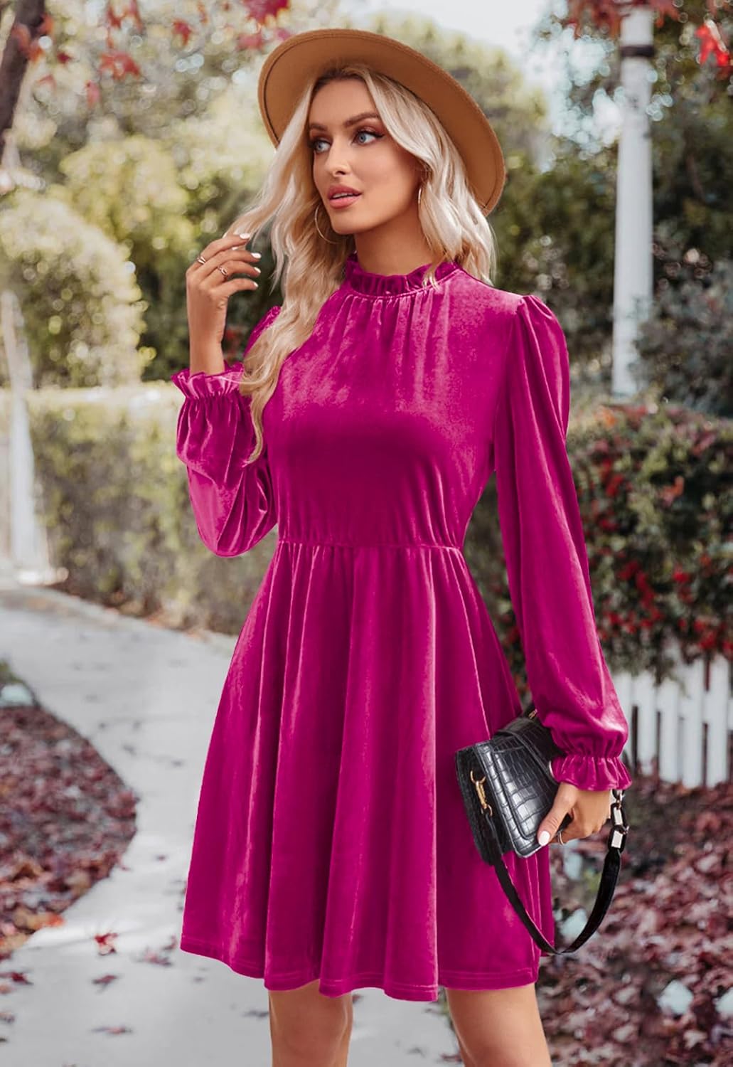 Jayscreate Womens 2023 Velvet Dress Elastic Waistline Fall Long Sleeve Wedding Guest Short Wrap Tunic Formal Dress