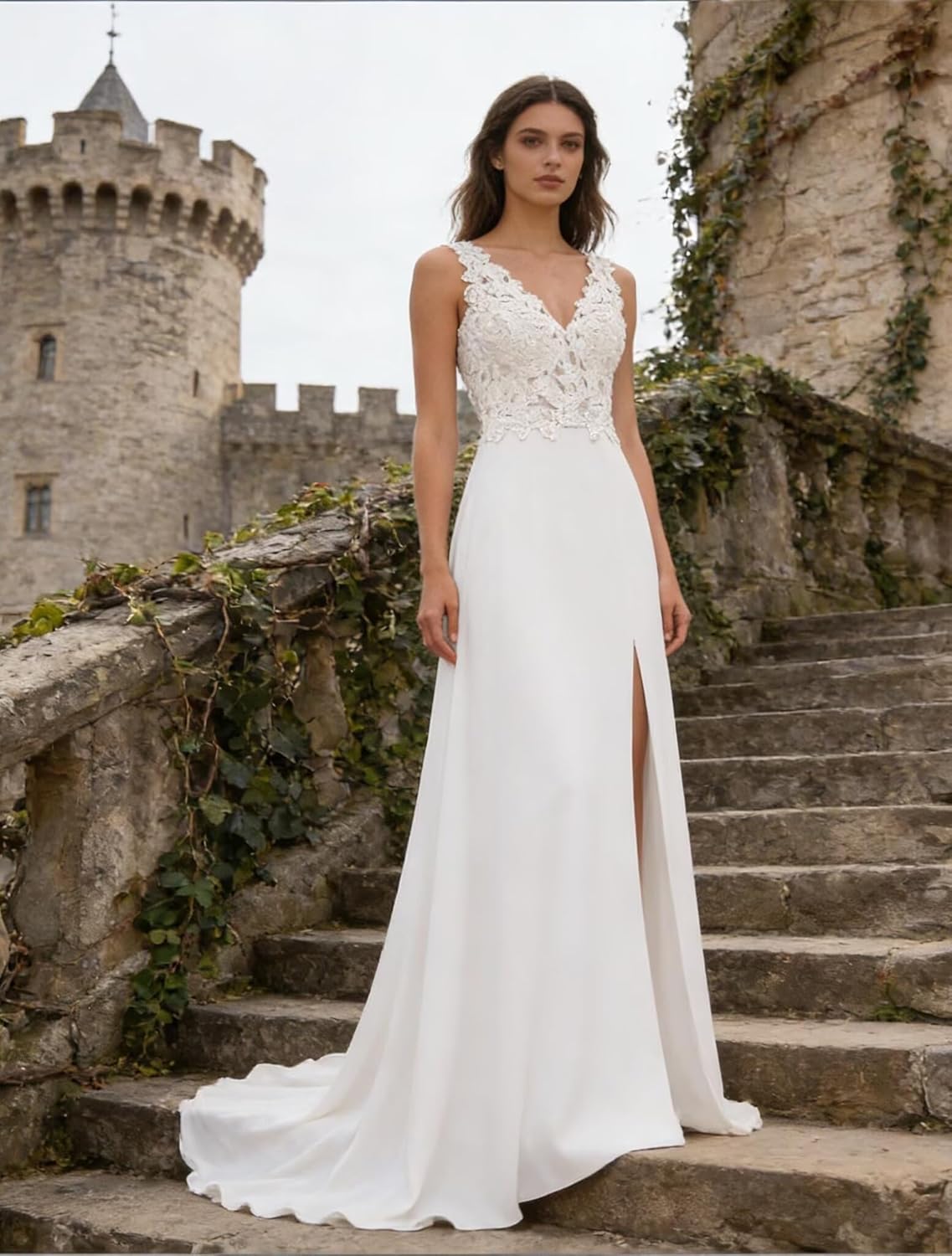 ForElise Womens Bridesmaid Dresses Long Chiffon Slit Semi Formal Dresses V-Neck Backless A-Line Evening Gowns for Wedding