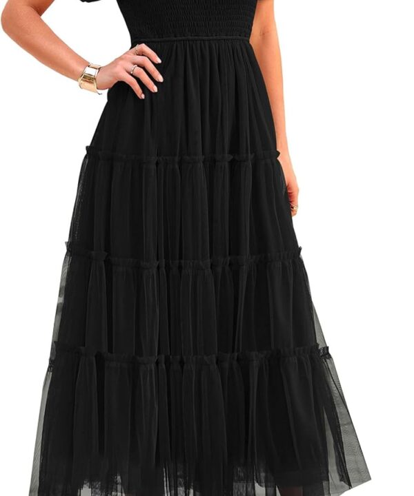 PRETTYGARDEN Women's Smocked Midi Tulle Dress 2026 Summer Puffy Short Sleeve Square Neck Ruffle Wedding Guest Party Dresses