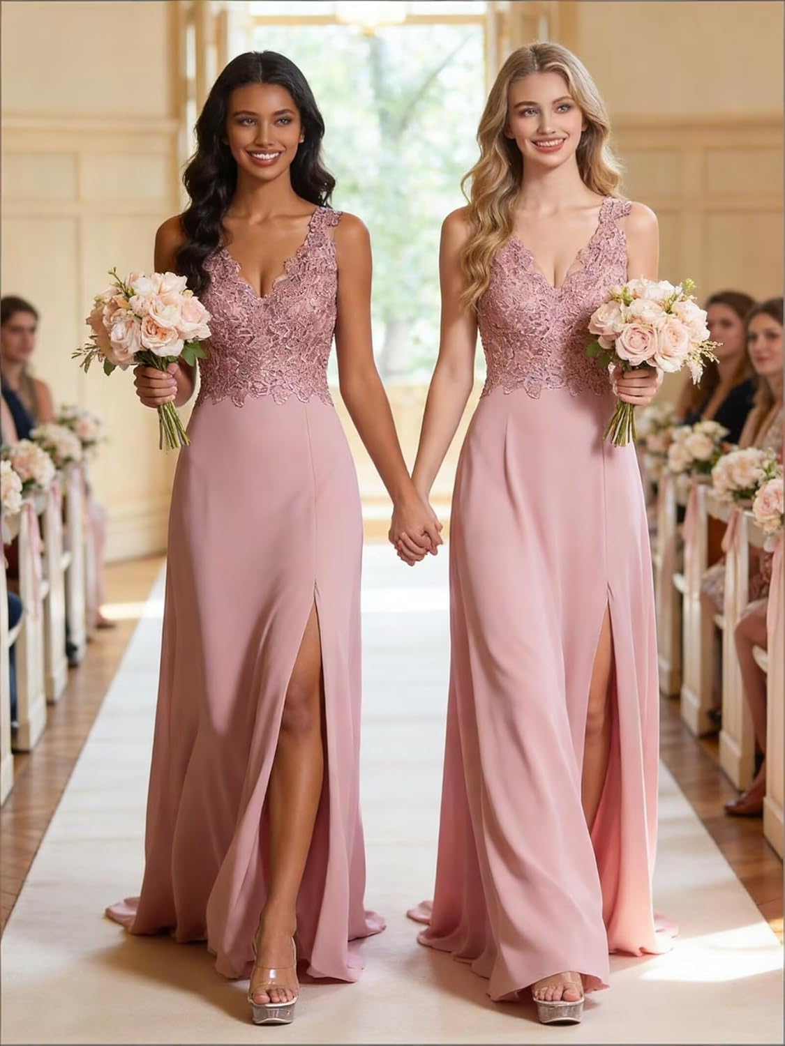 ForElise Womens Bridesmaid Dresses Long Chiffon Slit Semi Formal Dresses V-Neck Backless A-Line Evening Gowns for Wedding