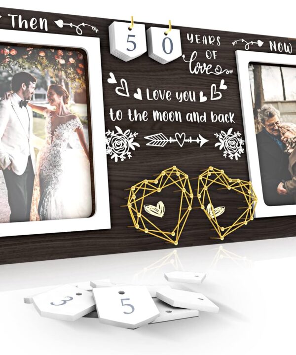 Then & Now Anniversary Picture Frame - 1-99 Years Anniversary Wedding Gift for Couple, Engagement Bridal Shower Gifts for Couples Wood Photo Frame Holds 2 4x6 Inches Photos