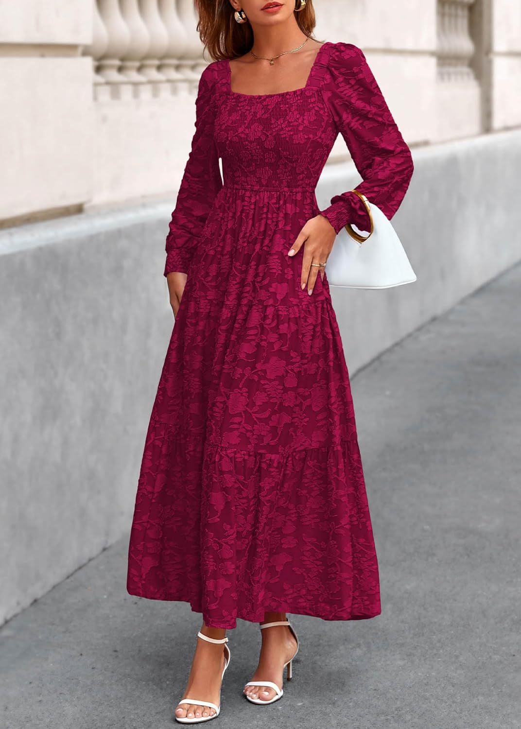 KIRUNDO Wedding Guest Dresses for Women Long Sleeve Smocked Floral Flowy A Line Boho Maxi Dress Fall Clothes