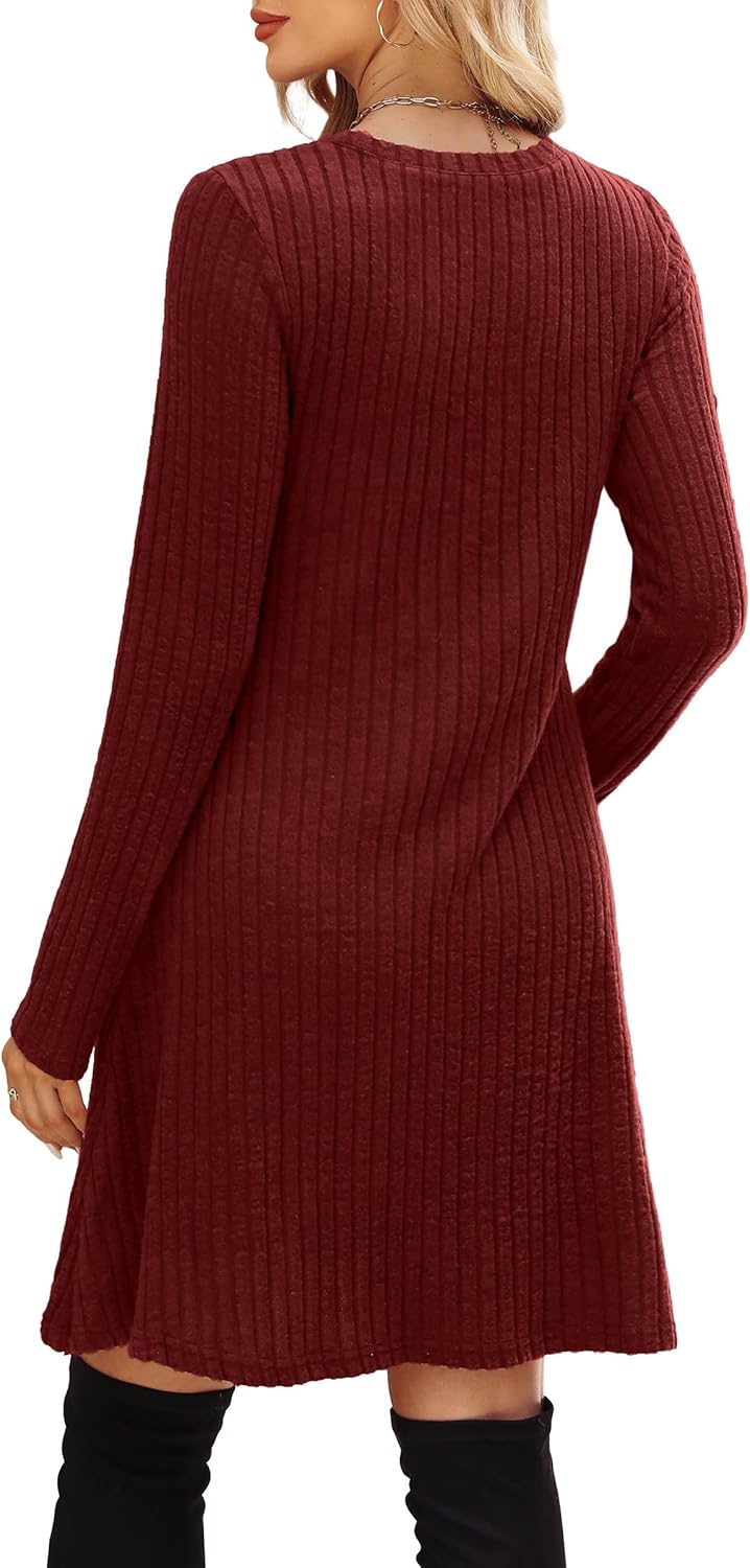 OFEEFAN Long Sleeve Dress for Women Crew Neck Empire Waist Tunic Dress with Pockets