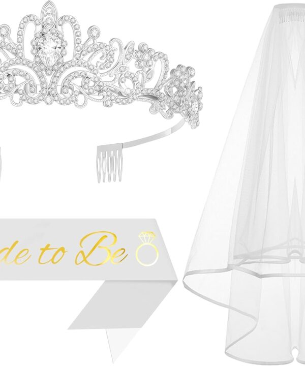 3Pcs Bride to Be Crown with Sash and Veil for Bachelorette Party Decorations, Bridal Shower Accessories for Gift, Favors