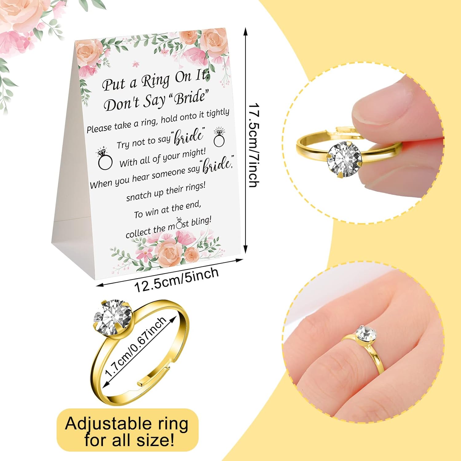 Woanger Put a Ring on It Bridal Shower Game with 50 Fake Rings, Rustic Greenery Theme Wedding Shower Games Wedding and Engagement Rings and Not Say Bride Rules Cards(Bright Flowers,Gold)