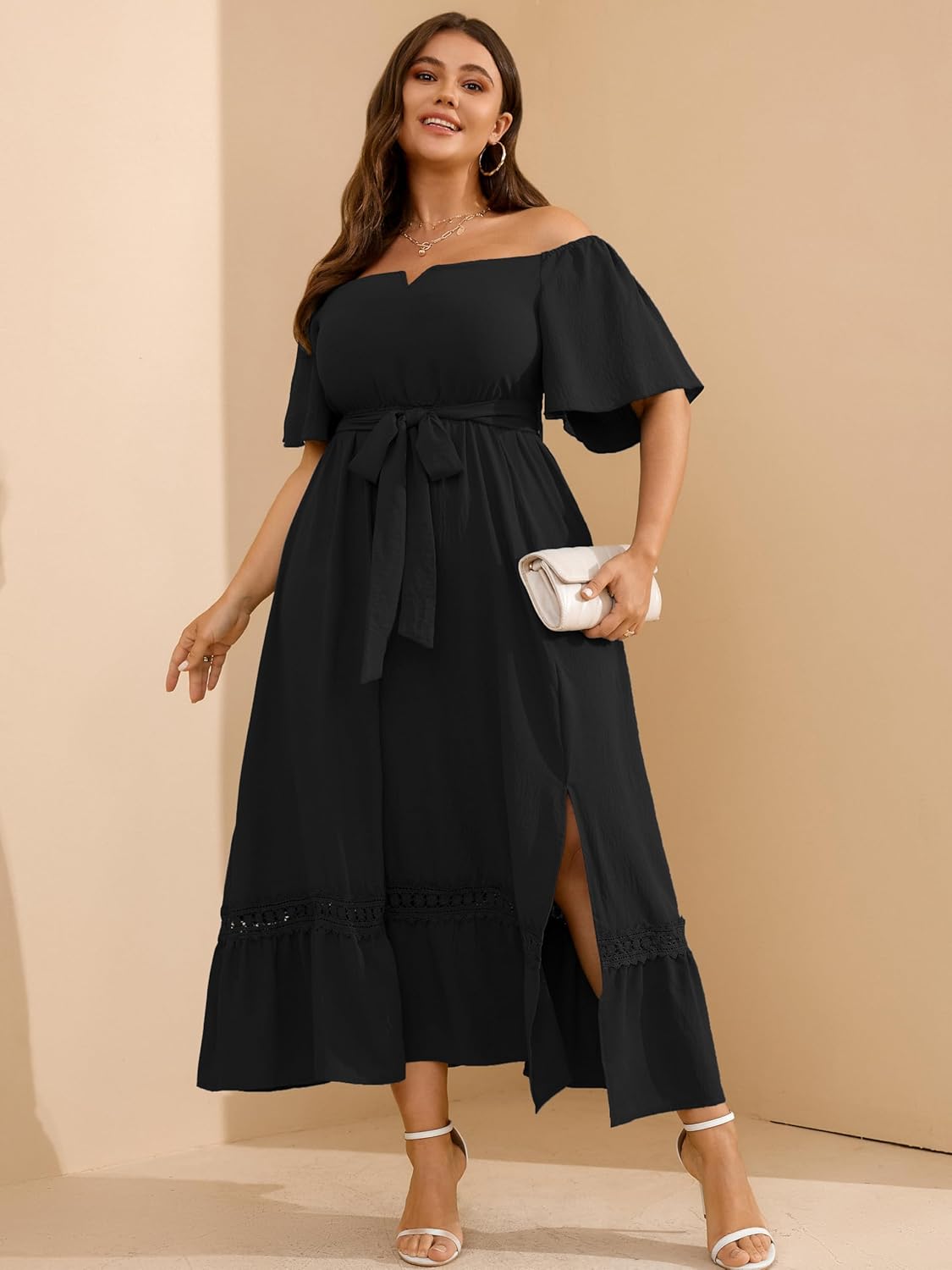 RWJ Womens Plus Size Dress for Cocktail Wedding Guest Formal V Neck Off The Shoulder Maxi Dress with Belt