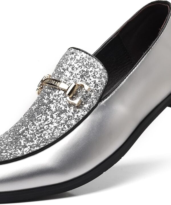 COSIDRAM Men's Glitter Dress Shoes Fashion Metallic Sequins Gold Buckle Luxury Patent Leather Loafers Wedding Party Prom