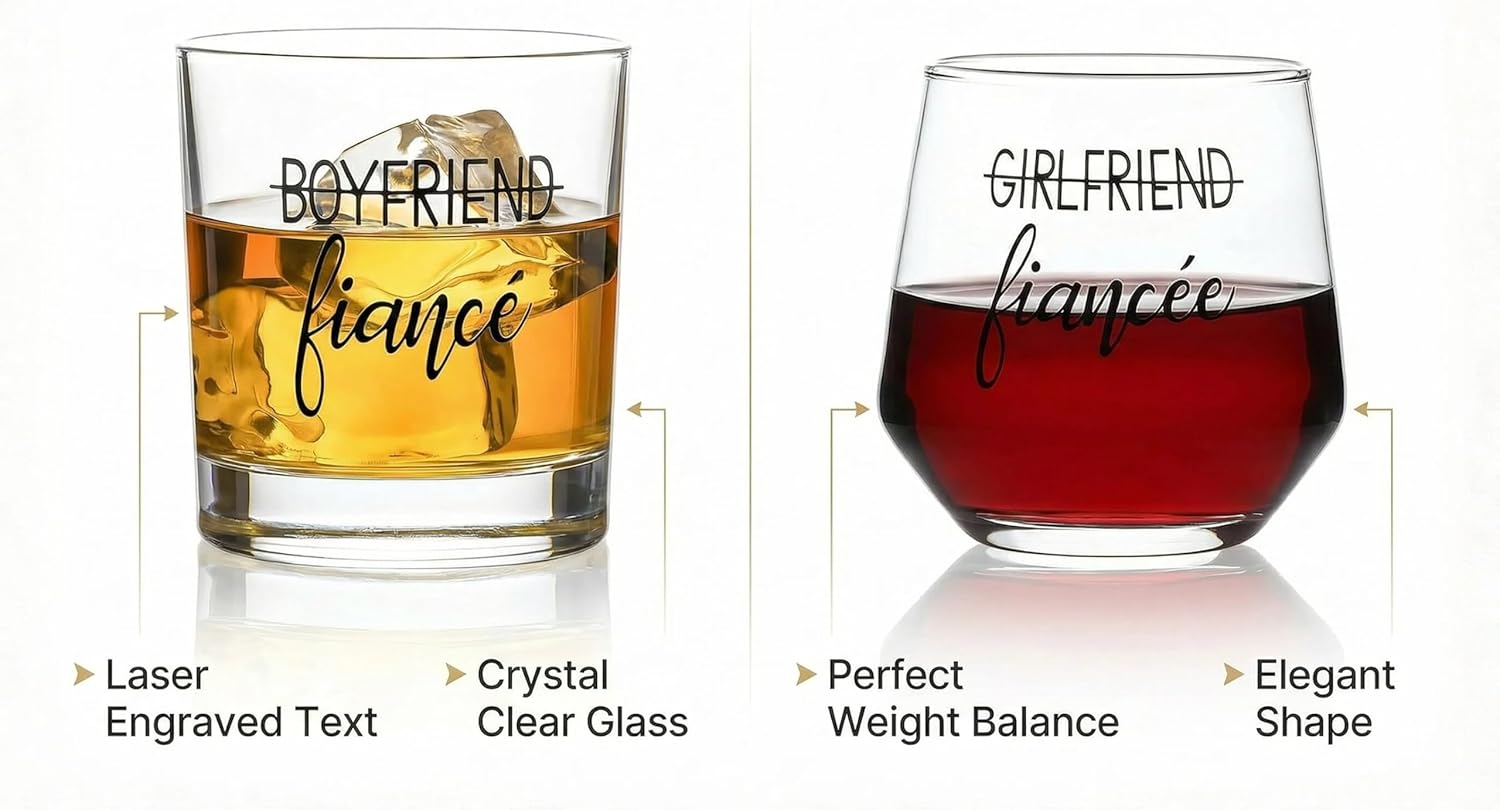 Engagement Gifts for Couples, Engagement Party Decorations – Unique Fiance Gift for Him or Her! Proposal Decorations, Whiskey Wine Glasses, Best Gift for Newly Engaged Couple, Women