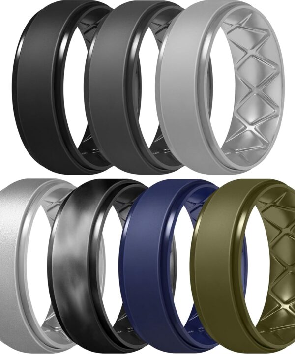 Egnaro Men's Rings 8.5mm Wide-2mm Thick Inner Arc Ergonomic Breathable Rubber Wedding bands-Hypoallergenic for Gym/Outdoor/Gift((1-7 Variety Pack with Half Size)