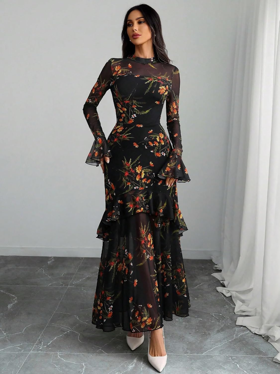 GothDark Womens Floral Maxi Dress Sheer Mesh Bell Sleeve Tiered Ruffle Gothic Romantic Casual Long Dresses