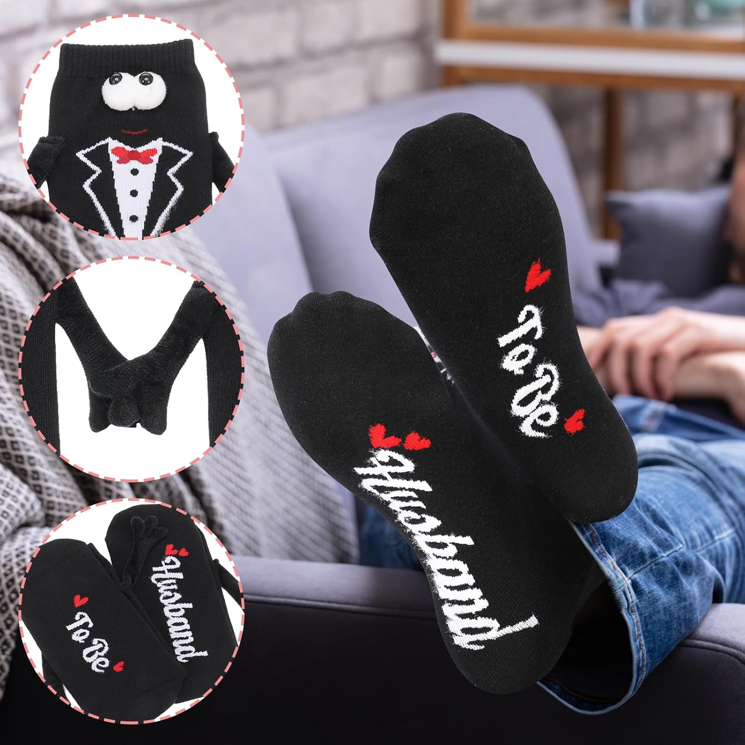Jspupifip 2 Pairs Bride and Groom Socks, Wedding Socks with Magnetic Hands, Novelty Engagement Gift