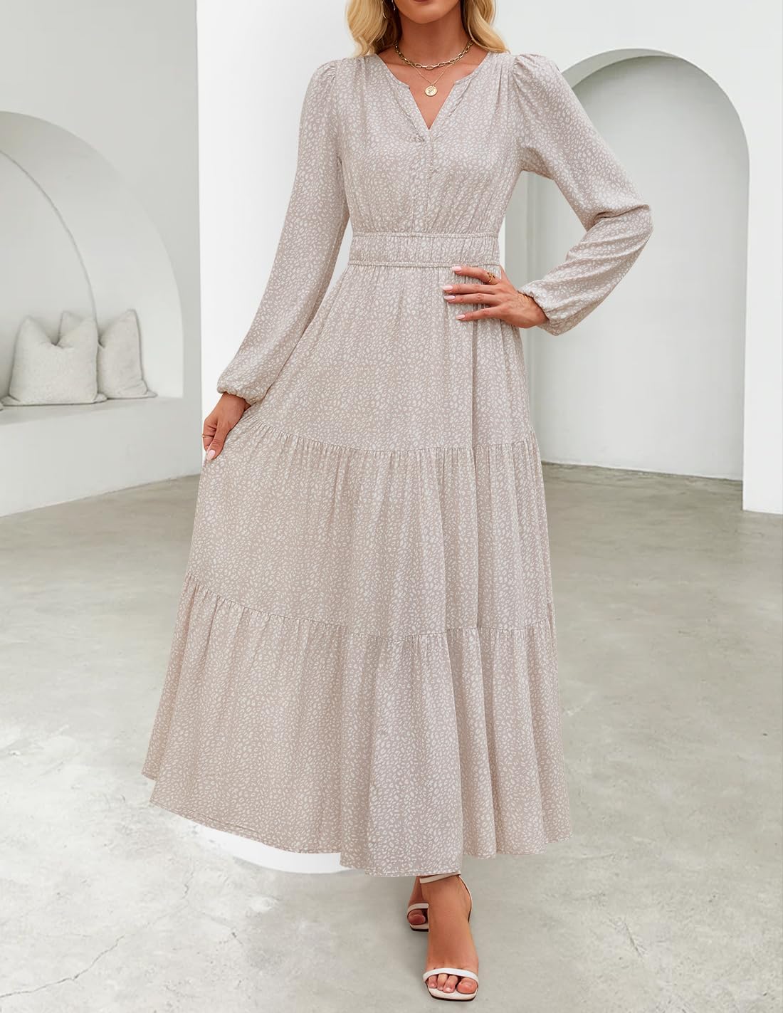 ZESICA Fall Dresses for Women 2025 Long Sleeve Boho Floral V Neck Empire Waist A Line Casual Flowy Wedding Guest Maxi Dress