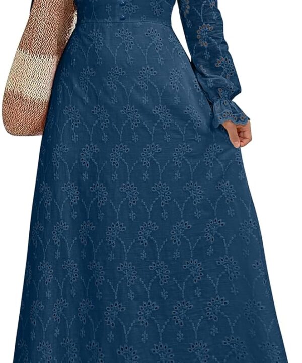 ANRABESS Wedding Guest Dresses for Women 2025 Fall Formal Long Sleeve Eyelet High Neck Elegant Classic Maxi Dress Pockets