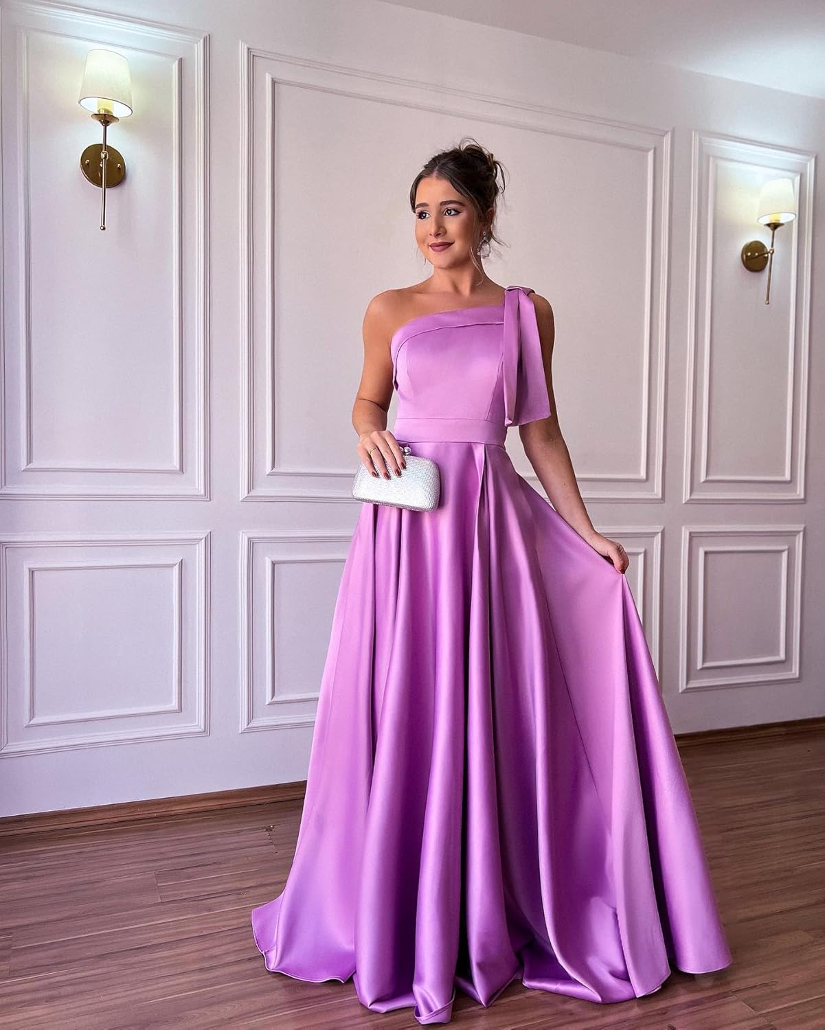 One Shoulder Bridesmaid Dresses Ruffles Satin Prom Formal Gowns A Line Wedding Guest Dress with Pockets