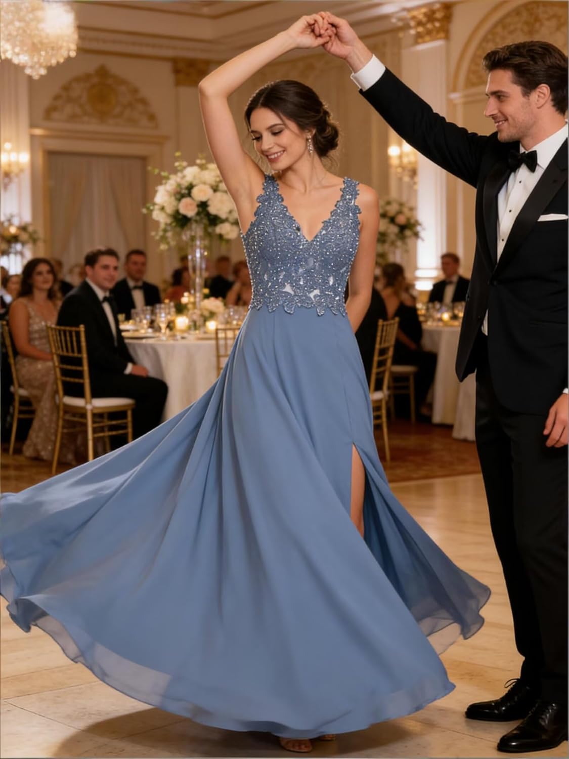 ForElise Womens Bridesmaid Dresses Long Chiffon Slit Semi Formal Dresses V-Neck Backless A-Line Evening Gowns for Wedding