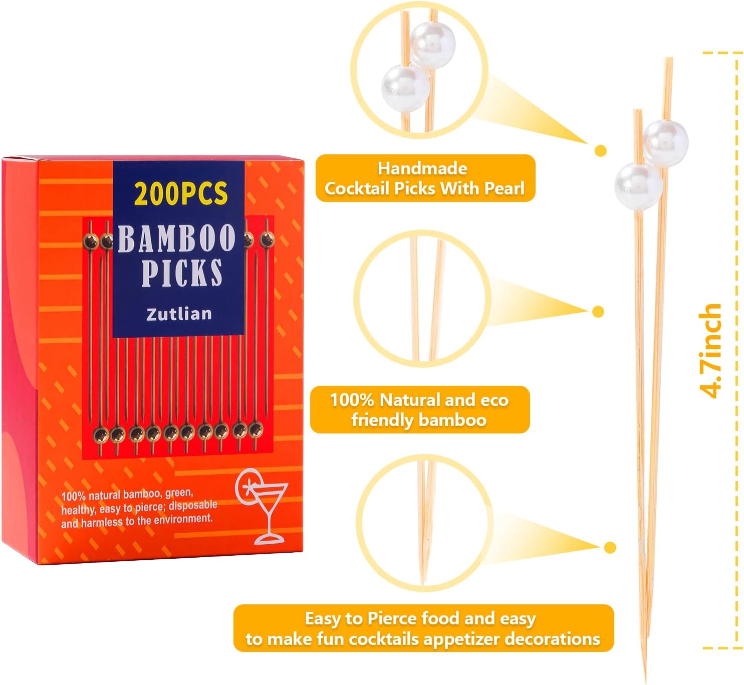 200 Pcs Cocktail Picks, 4.7 Inch Toothpicks for Appetizers Long Cocktail Appetizer Skewers White Pearl Decorative Cocktail Sticks for Drinks, Fruit, Charcuterie, Wedding Food Party Fancy Toothpicks