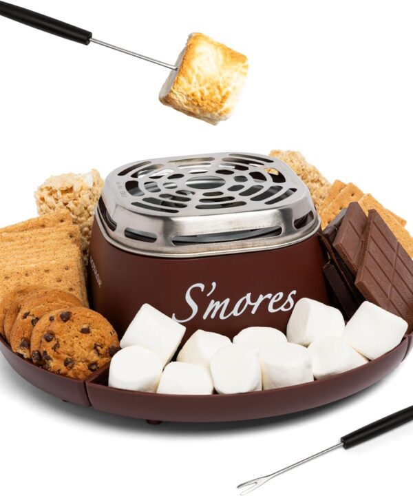 Nostalgia Tabletop Indoor Electric S'mores Maker - Smores Kit With Marshmallow Roasting Sticks and 4 Trays for Graham Crackers, Chocolate, and Marshmallows - Movie Night Supplies - Brown