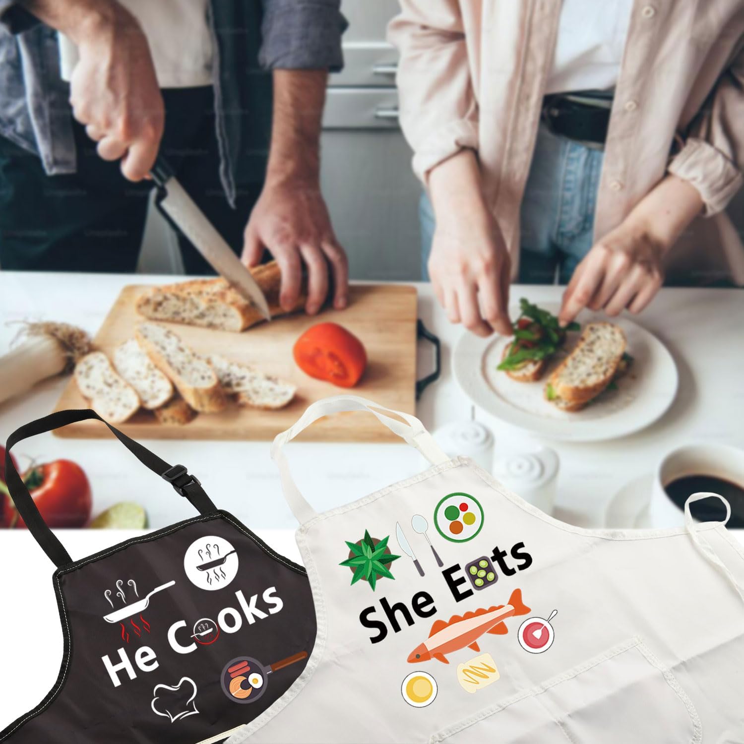MBMSO Couples Matching Gifts He Cooks She Eats Funny Couples Apron Wedding Gift for Husband Wife Mr Mrs His and Hers Apron