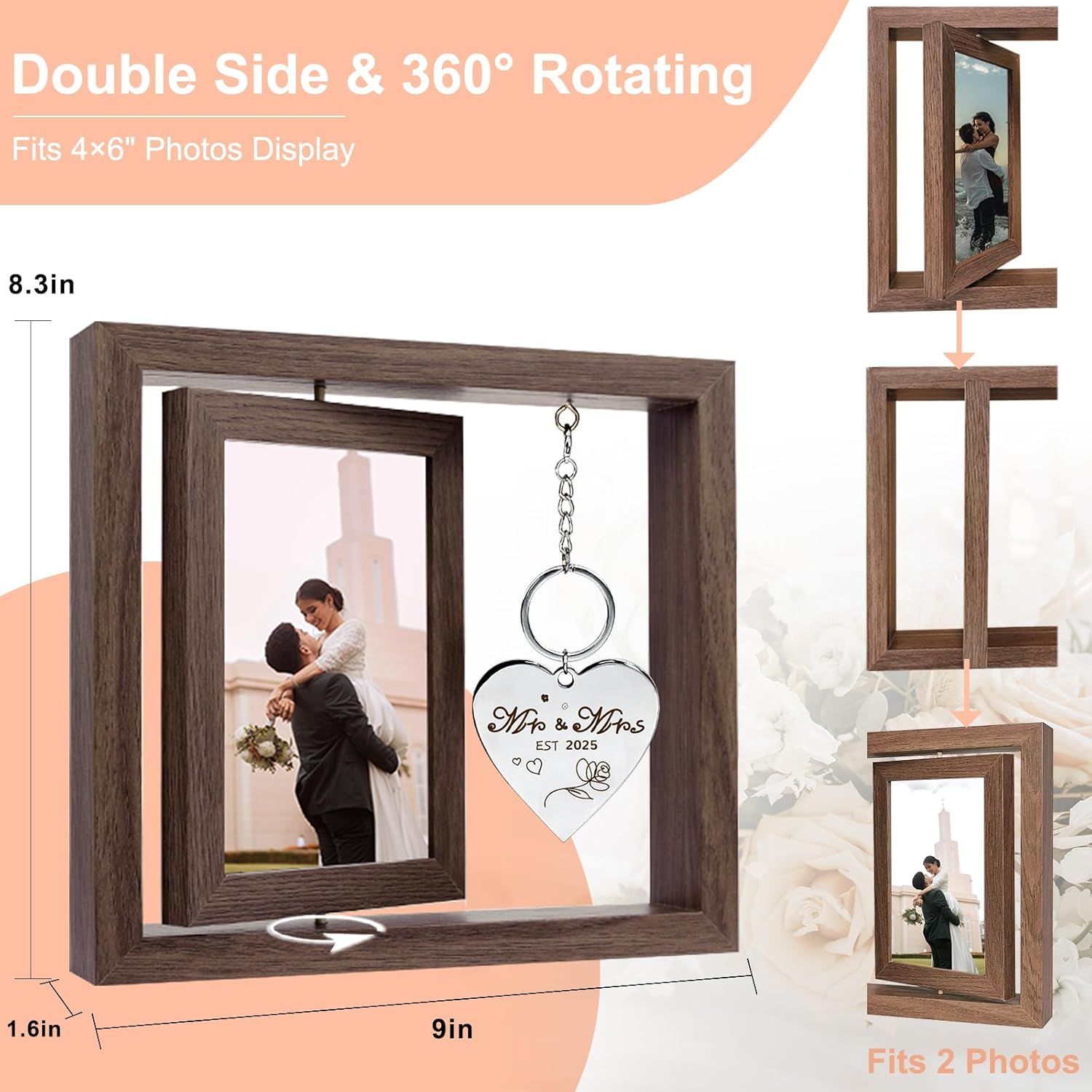 Wedding Gifts for Couples 2025,Rotating Floating Mr and Mrs Picture Frame,4×6 Rustic Picture Frame Engagement Gifts for Couples,Bridal Shower Gift for Bride to Be