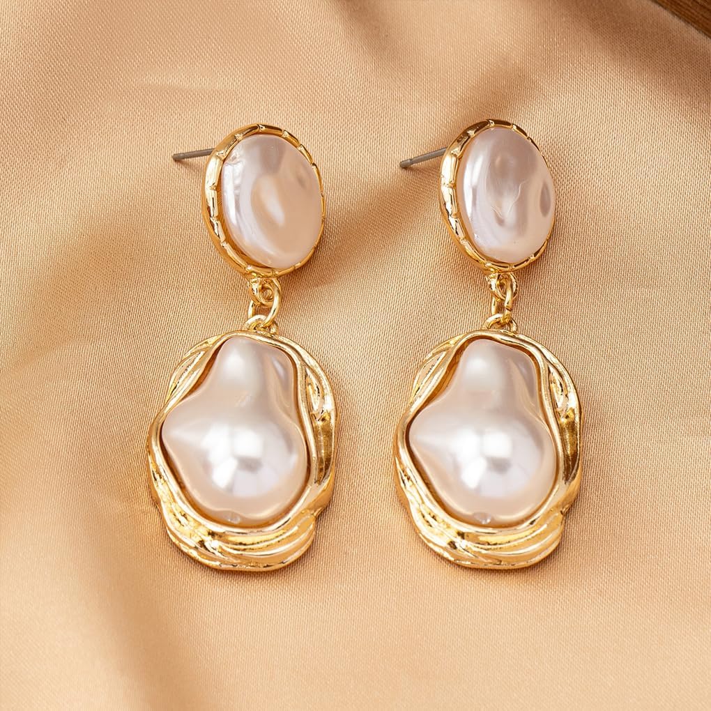 Gold Pearl Statement Earrings for Women,Vintage Large Baroque Pearl Dangle Drop Earrings,Trendy Formal Prom Party Bride Earrings for Wedding