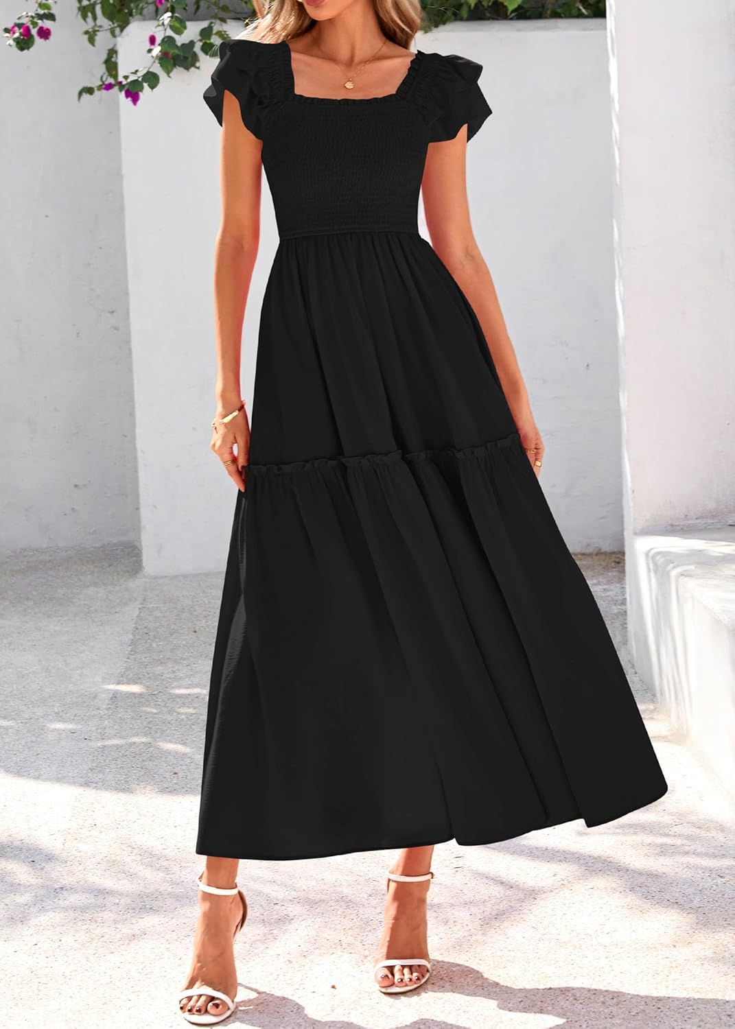 KIRUNDO Smocked Summer Dresses for Women 2025 Wedding Guest Midi Flowy Ruffle Short Sleeve Square Neck Tiered Sundress