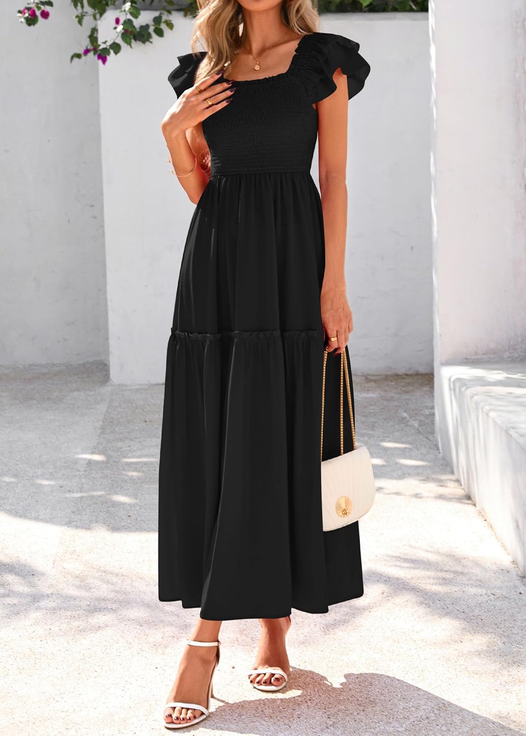 KIRUNDO Smocked Summer Dresses for Women 2025 Wedding Guest Midi Flowy Ruffle Short Sleeve Square Neck Tiered Sundress