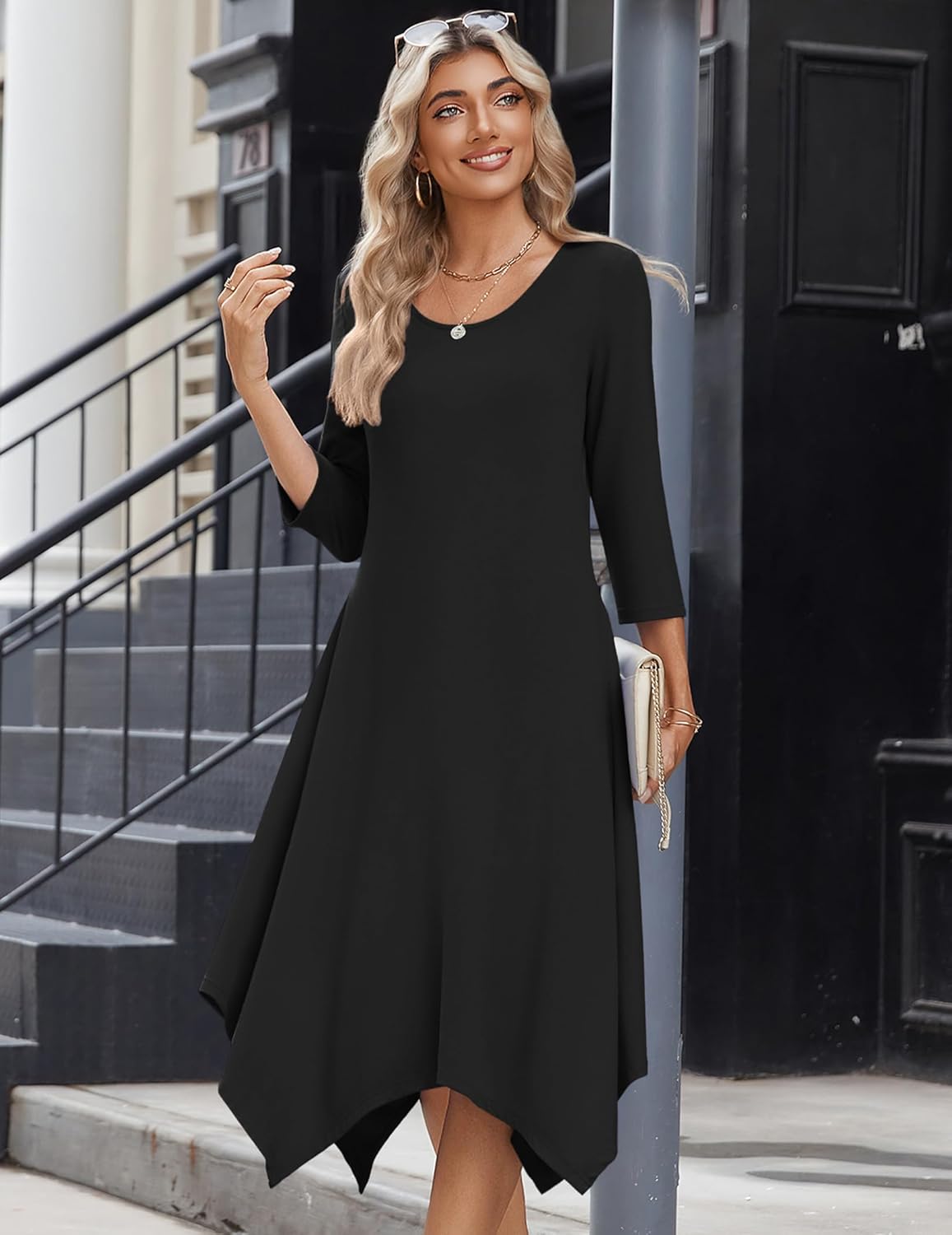 Zeagoo Womens Midi Dresses 3/4 Sleeve Casual Dresses with Pockets 2025 Winter Dress A Line Loose Swing Tshirt Dress