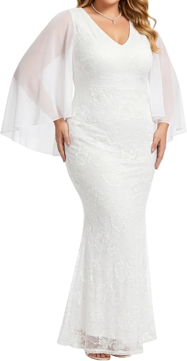 Plus Size Formal Dresses - Chiffon Capelet Ruffle Sleeves V Neck Lace Mermaid Evening Gown Prom Long Maxi Dresses 2025