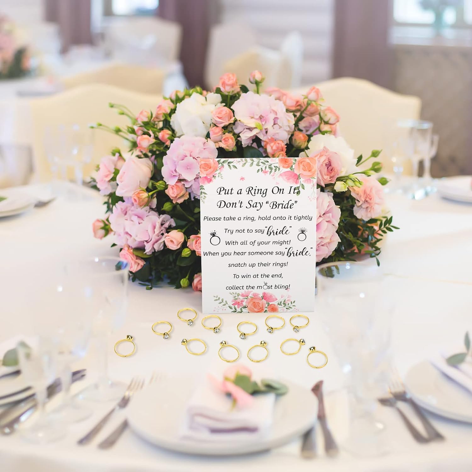 Woanger Put a Ring on It Bridal Shower Game with 50 Fake Rings, Rustic Greenery Theme Wedding Shower Games Wedding and Engagement Rings and Not Say Bride Rules Cards(Bright Flowers,Gold)