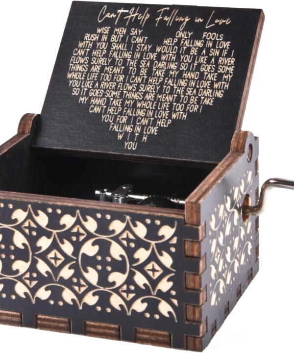 Can't Help Falling in Love Wood Music Box, Antique Engraved Musical Boxes Case for Love One Wooden Music Box - Gifts for Lover, Boyfriend, Girlfriend, Husband, Wife (Black)
