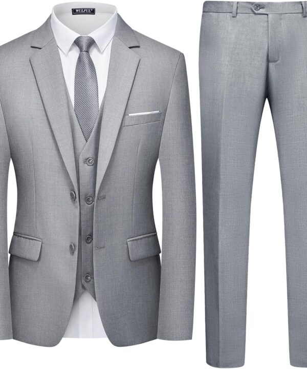 WULFUL Men's 3 Piece Slim Fit Suit Set Two Button Blazer Jacket Vest Pants Tuxedo Set for Party, Wedding and Business