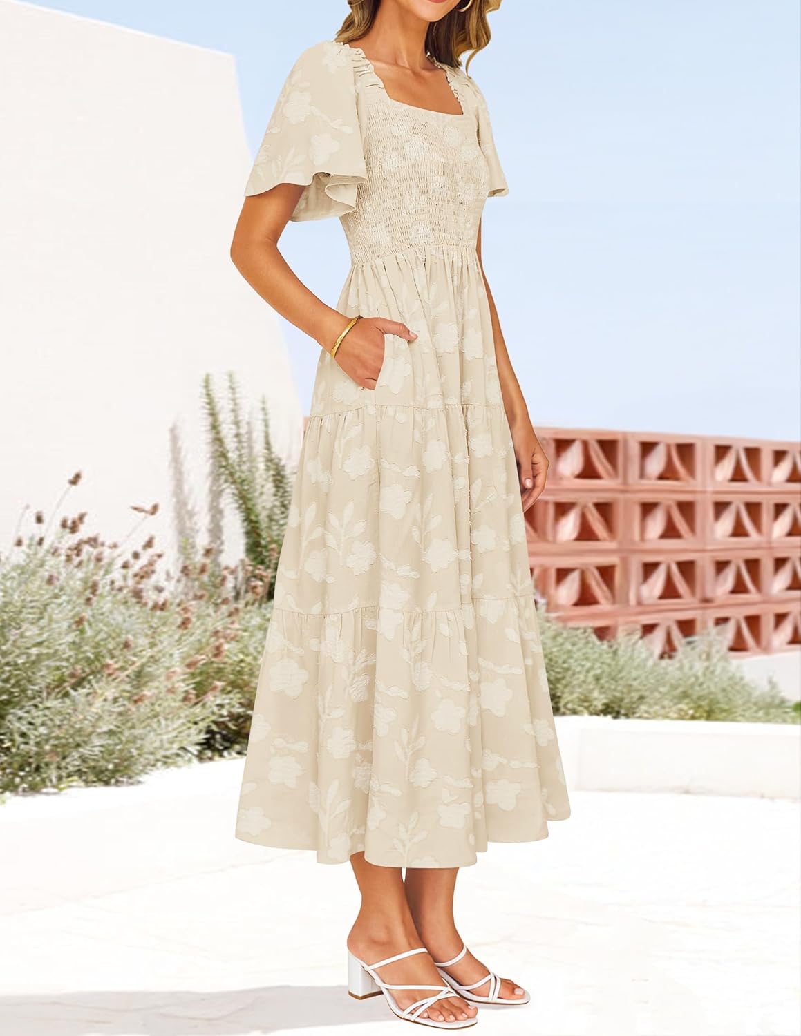 ZESICA Womens Summer Boho Floral Midi Dress 2025 Casual Short Sleeve Square Neck Flowy Beach Vacation Long Dress