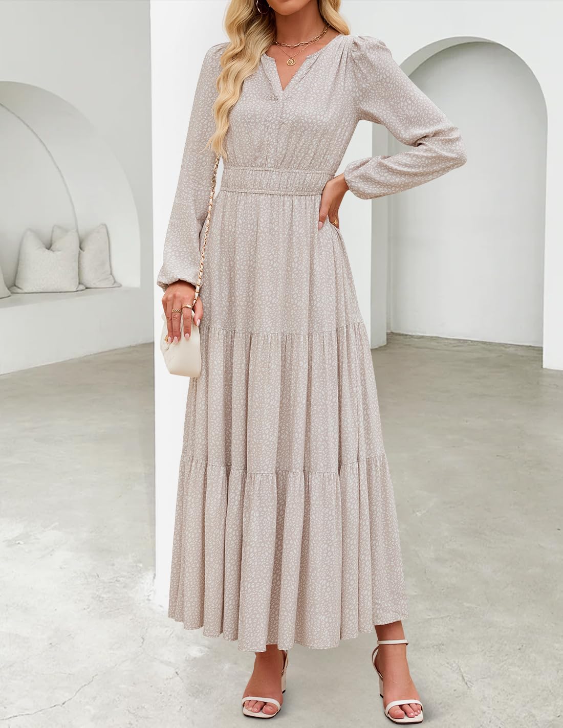 ZESICA Fall Dresses for Women 2025 Long Sleeve Boho Floral V Neck Empire Waist A Line Casual Flowy Wedding Guest Maxi Dress