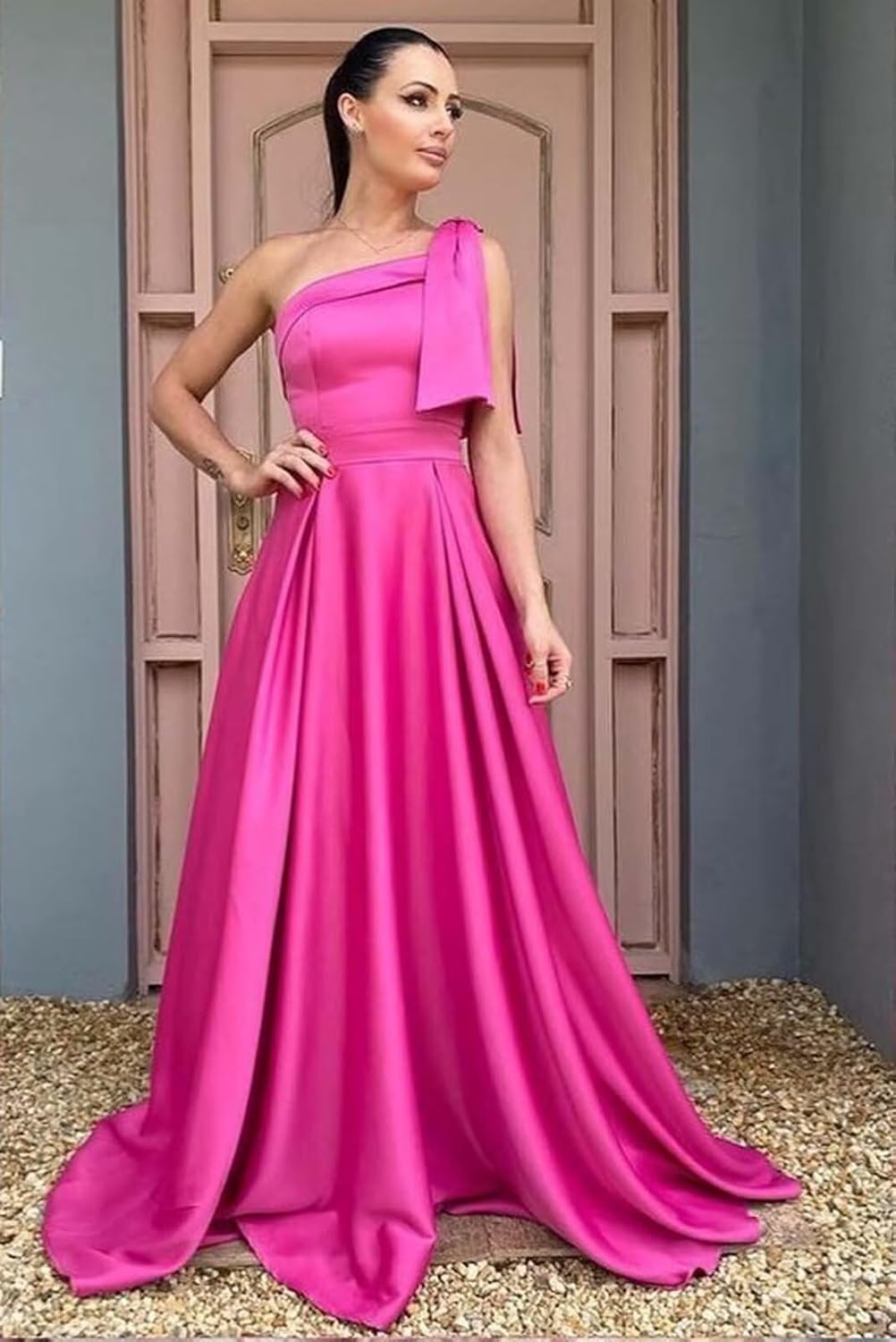 One Shoulder Bridesmaid Dresses Ruffles Satin Prom Formal Gowns A Line Wedding Guest Dress with Pockets