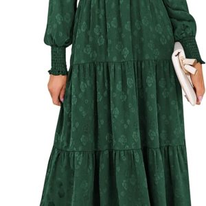 PRETTYGARDEN Women's Fall Spring Midi Dress Long Sleeve Floral Smocked Elegant Wedding Guest Long Flowy Dresses with Pockets