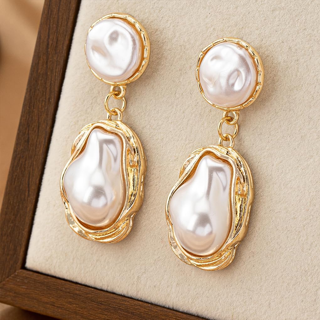 Gold Pearl Statement Earrings for Women,Vintage Large Baroque Pearl Dangle Drop Earrings,Trendy Formal Prom Party Bride Earrings for Wedding