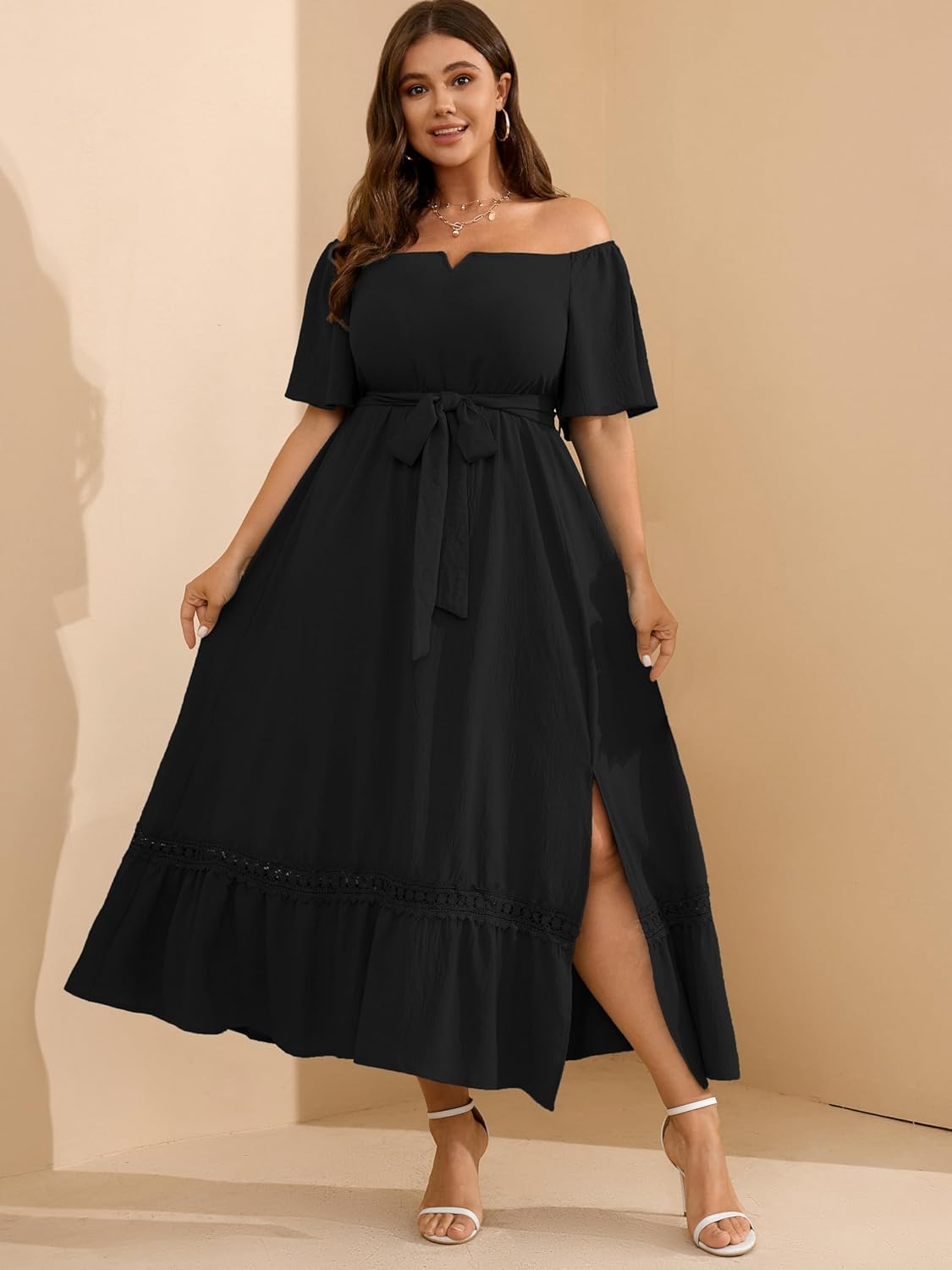 RWJ Womens Plus Size Dress for Cocktail Wedding Guest Formal V Neck Off The Shoulder Maxi Dress with Belt