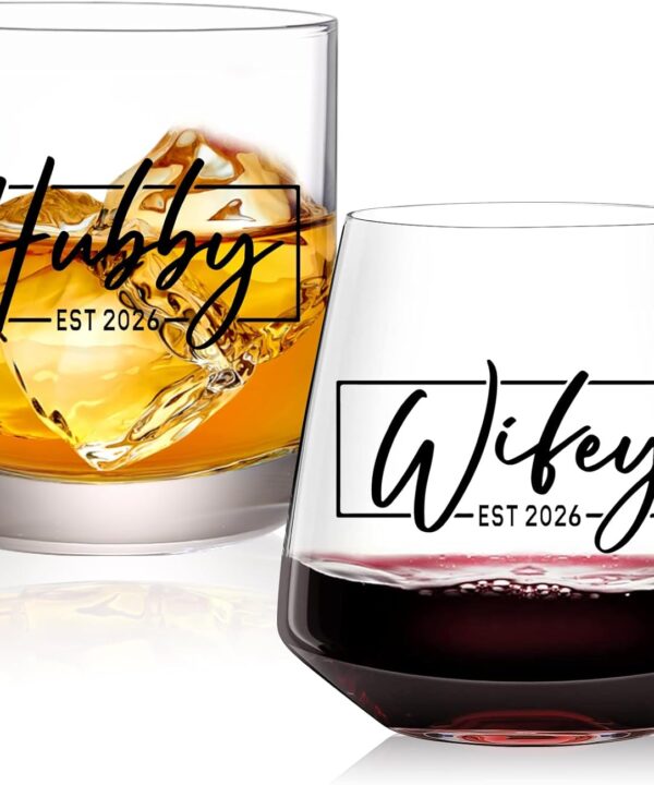 Wedding Gifts for Couples 2026,Hubby & Wifey Wine&Whiskey Glass Set,Bridal Shower Gifts for Bride and Groom, Newly-Married Gifts for Him and Her，Mr and Mrs Gifts,His and Hers Glass