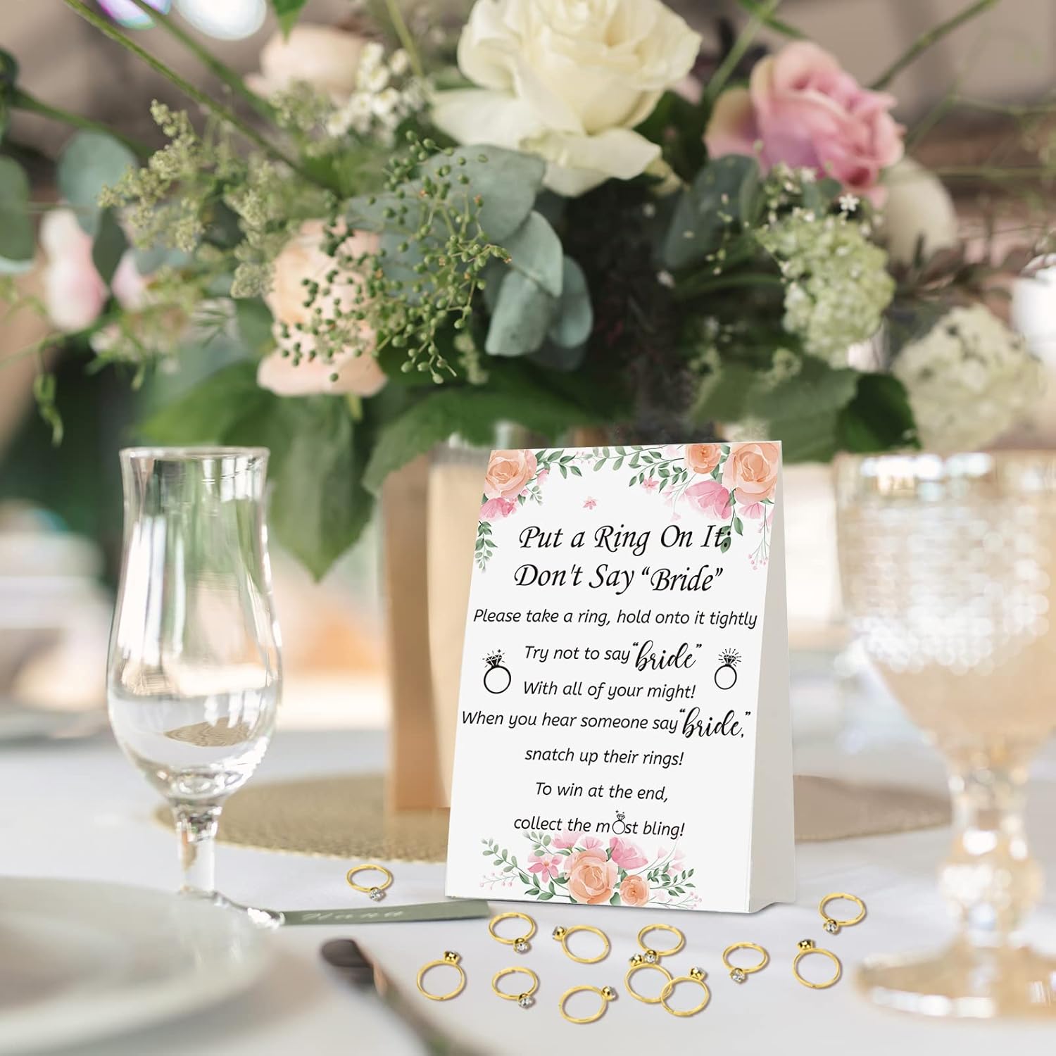 Woanger Put a Ring on It Bridal Shower Game with 50 Fake Rings, Rustic Greenery Theme Wedding Shower Games Wedding and Engagement Rings and Not Say Bride Rules Cards(Bright Flowers,Gold)