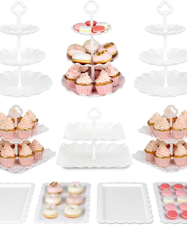 Pack of 10 NWK Cake Stand Set with 3 x Two-Tier and 3 x Three-Tier Cupcake Stands, 4 x Appetizer Trays, for Birthday Baby Bridal Shower Party (White)