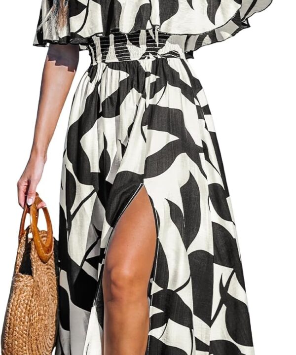 CUPSHE Women Ruffle Floral Maxi Summer Dress Off Shoulder Short Sleeve Backless Flounce Bodice Slit Hem Beach Dresses