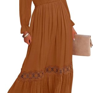 ZESICA Women's 2025 Boho Long Sleeve Square Neck Smocked High Waist Flowy A Line Lace Trim Maxi Dress