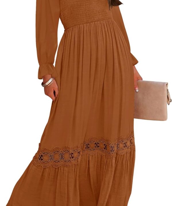 ZESICA Women's 2025 Boho Long Sleeve Square Neck Smocked High Waist Flowy A Line Lace Trim Maxi Dress