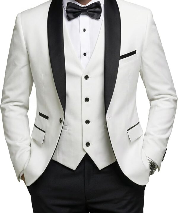 YND Men's 3 Piece Tuxedo Set with Bow Tie, Slim Fit One Button Shawl Lapel Suit Blazer Vest Pants, for Wedding Prom Dinners